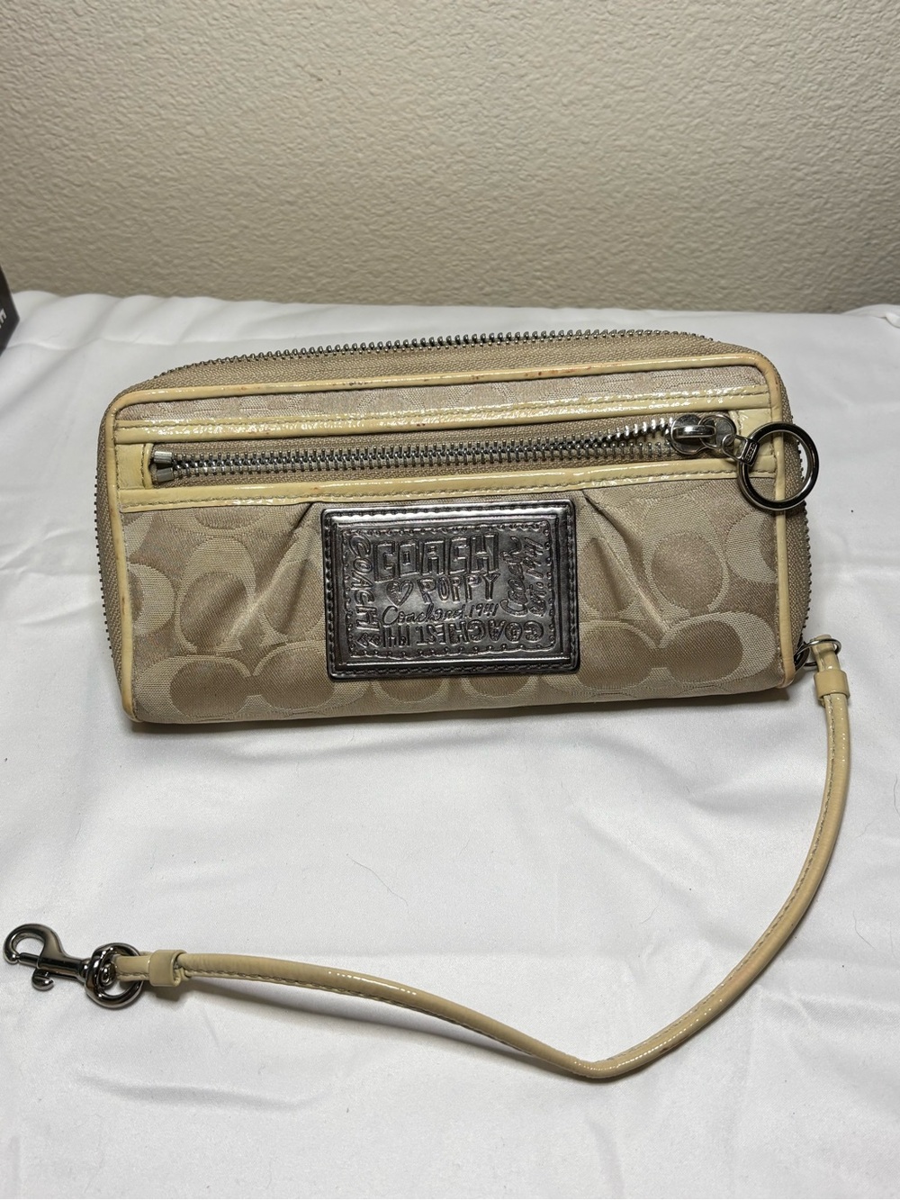 Coach Beige Signature Poppy Canvas Wristlet